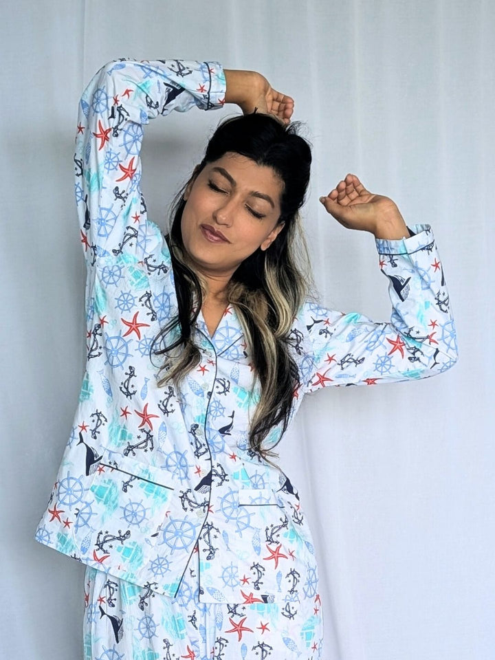 Nautical theme women’s cotton night suit – breathable cotton nightwear