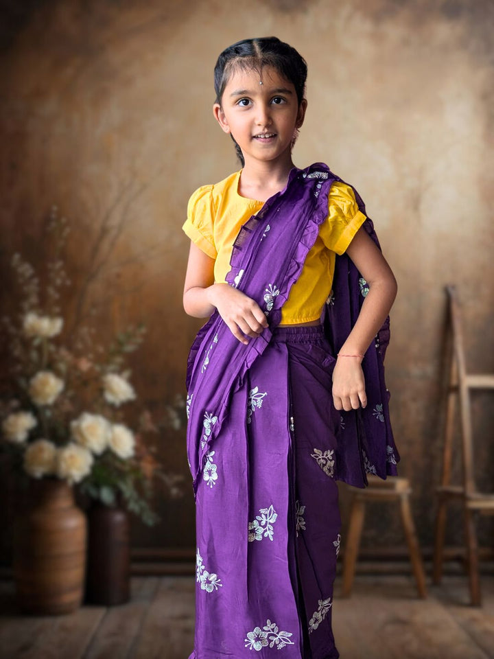 Purple Embroidered Prestitched Silk Saree for Girls