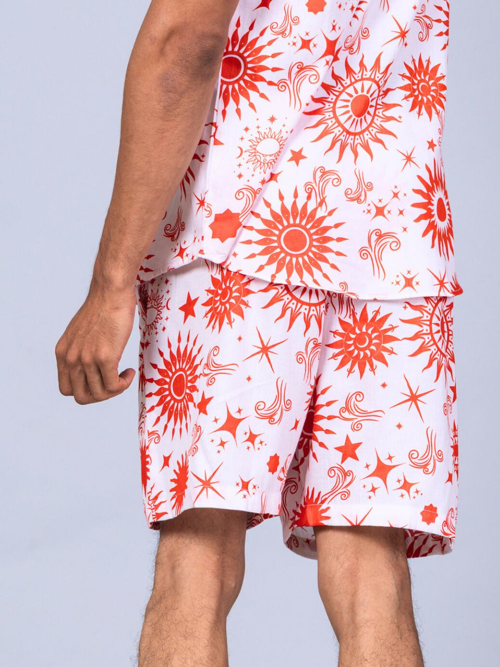mens cotton shorts for beach vacations in red and white print