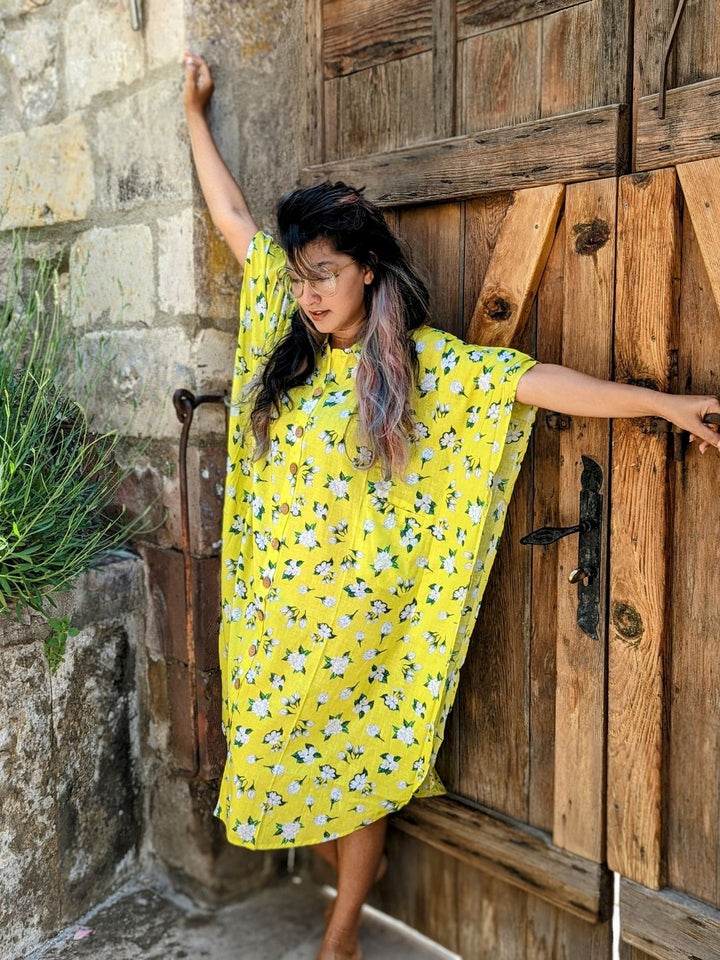 Neon Jasmine print women’s collared kaftan – bright cotton summer dress