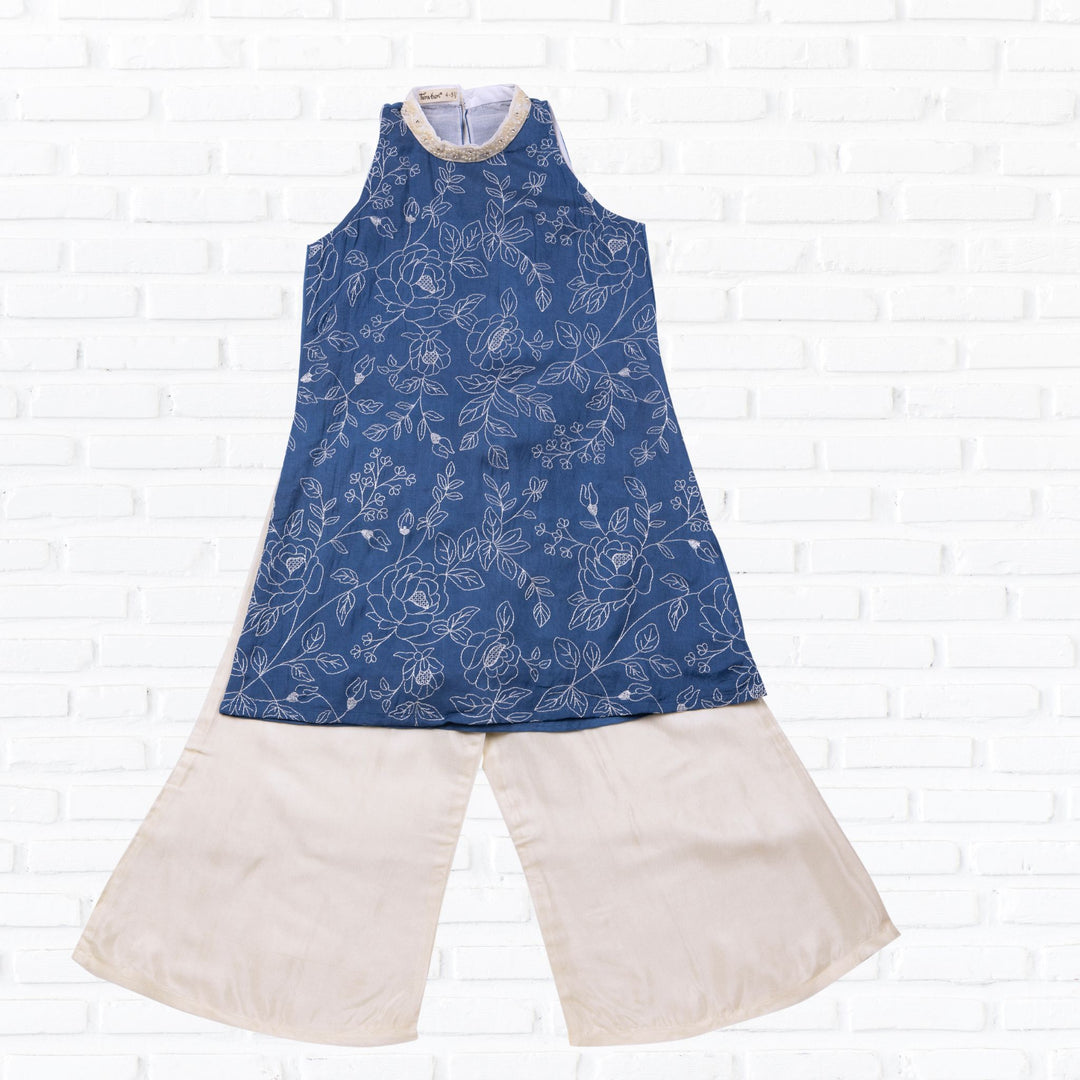 Embroidered Girls Kurta &amp; Palazzo Pants | Blue Rose