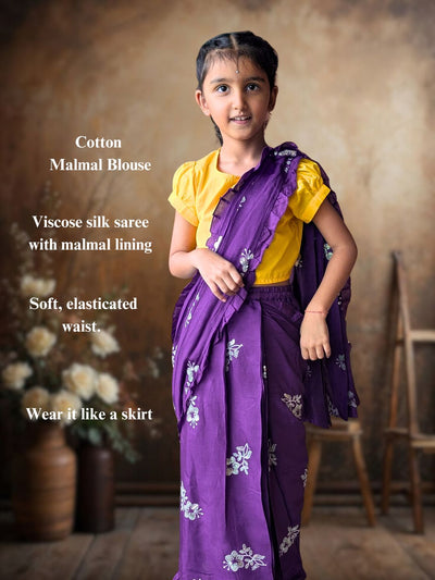 Purple Embroidered Prestitched Silk Saree for Girls