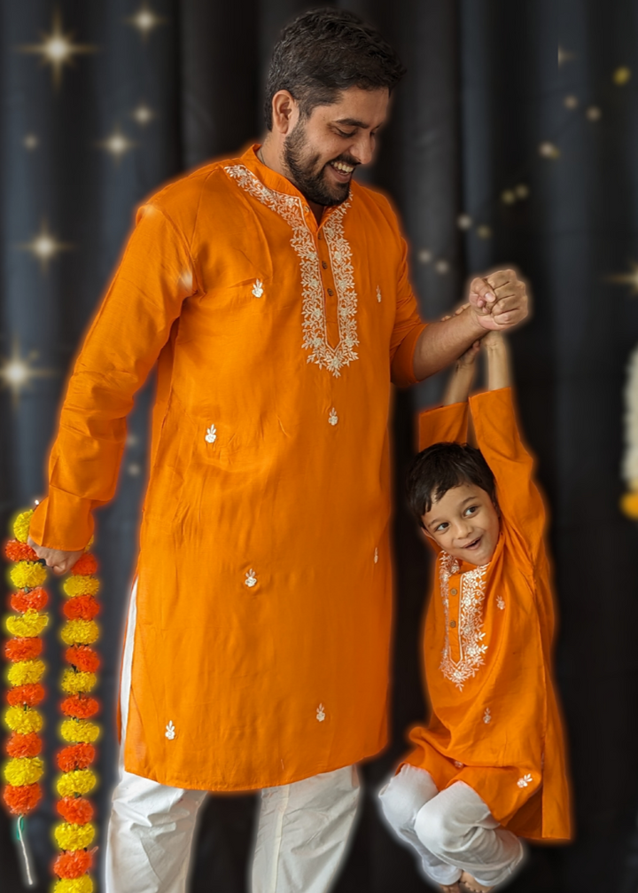 Embroidered Viscose Silk Kurta for Boys, Men | Orange
