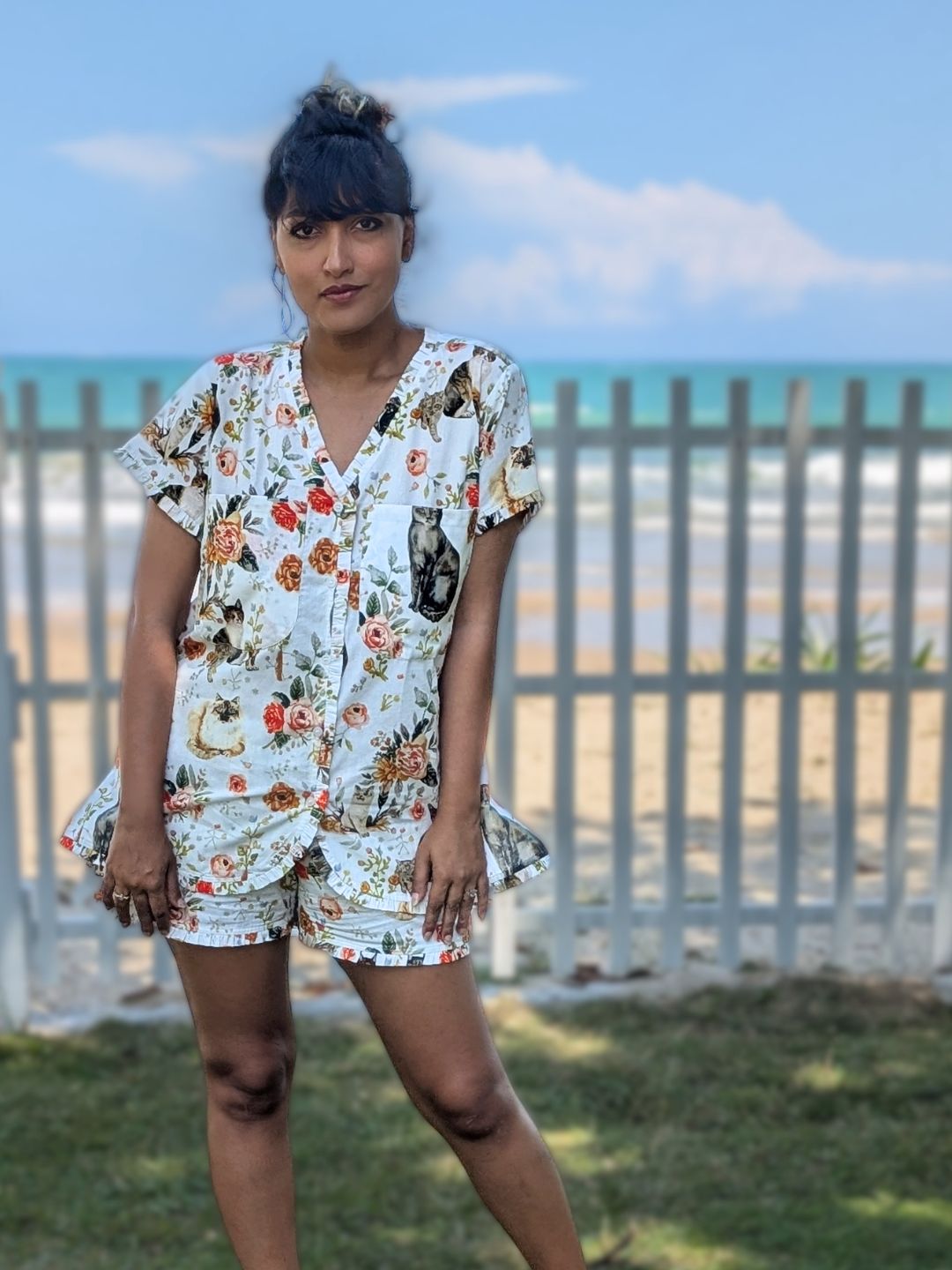cotton no bra night suit loungewear with cats and roses print