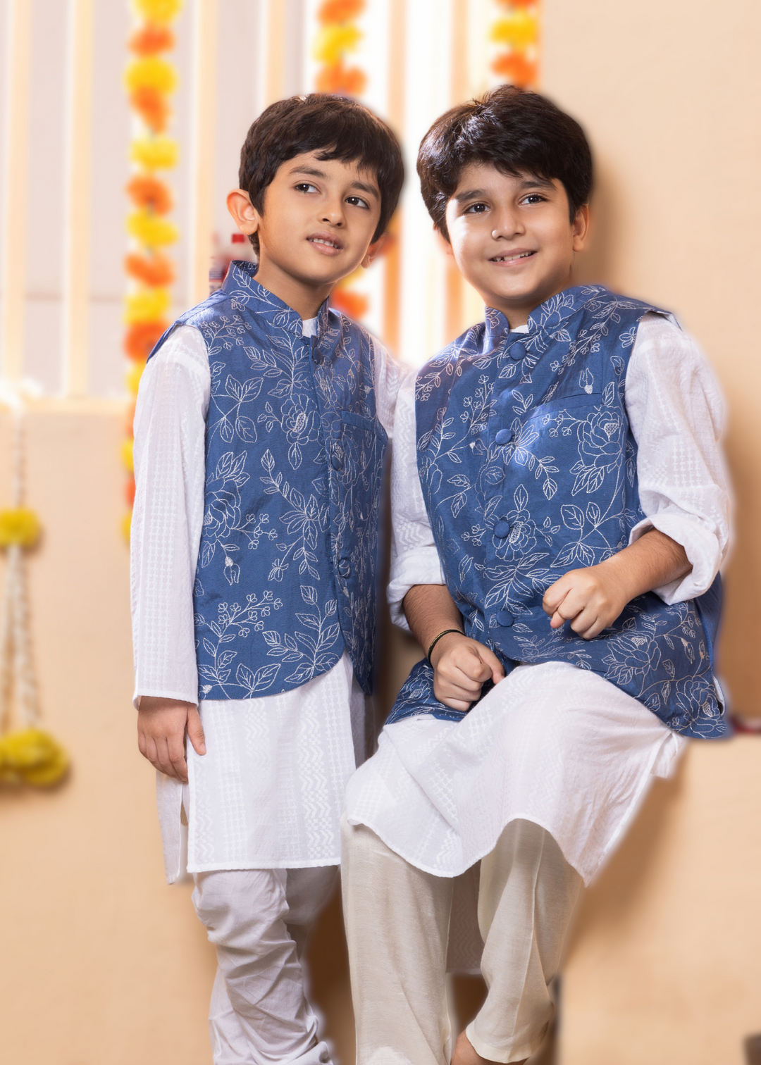 embroidered blue modi jacket with silver resham thread. boys festive ethnic wear 