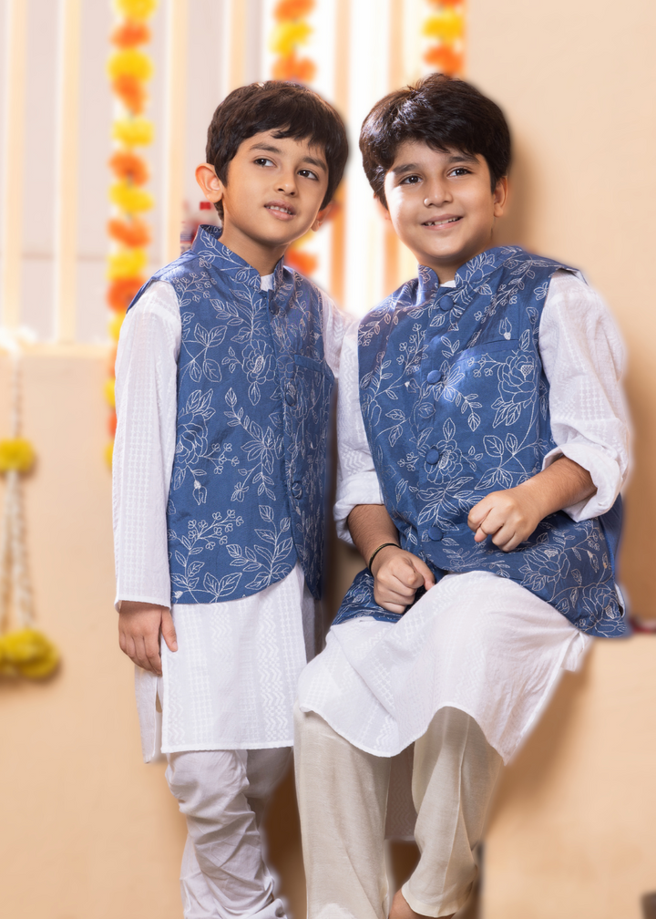 embroidered blue modi jacket with silver resham thread. boys festive ethnic wear 