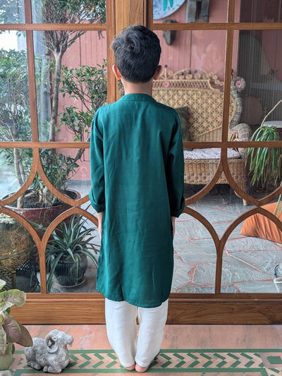 Boy wearing a green silk kurta standing in front of a decorative glass door with plants.