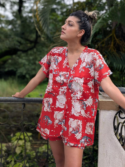 Women's 'No Bra' Night Suit Shorts Set | Funky Monkey Red