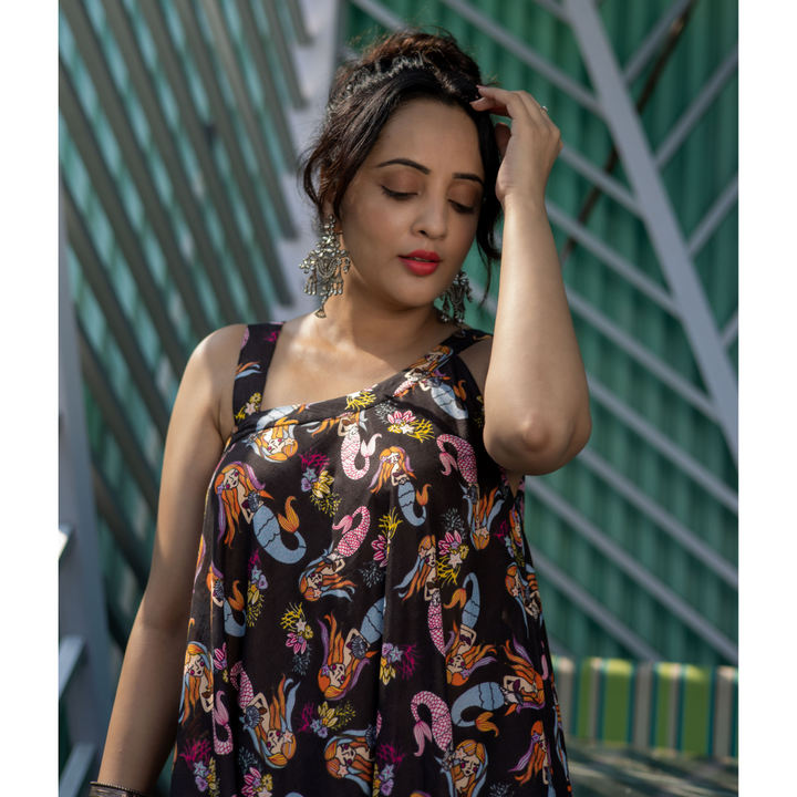 Asymmetrical Shoulder Flared Dress | Mermaid Black