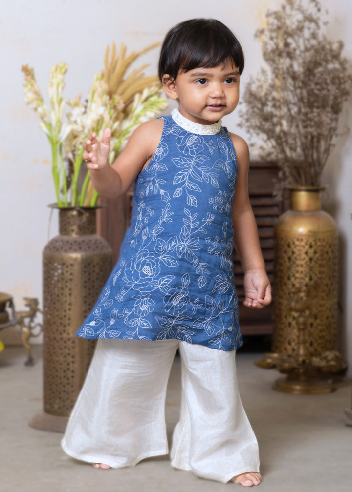 Embroidered Girls Kurta &amp; Palazzo Pants | Blue Rose
