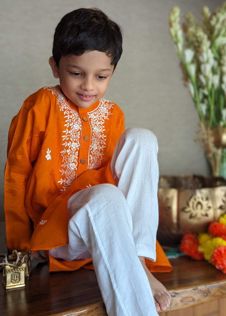 Embroidered Viscose Silk Kurta for Boys, Men | Orange
