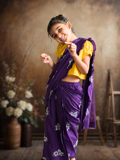 Purple Embroidered Prestitched Silk Saree for Girls