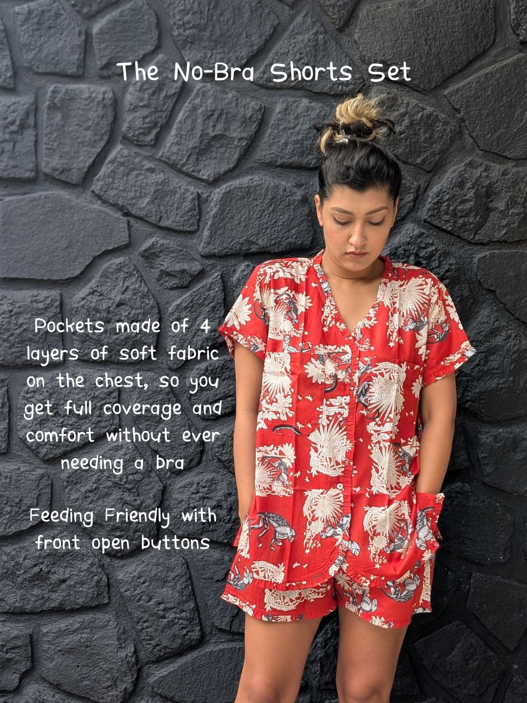 Women's 'No Bra' Night Suit Shorts Set | Funky Monkey Red