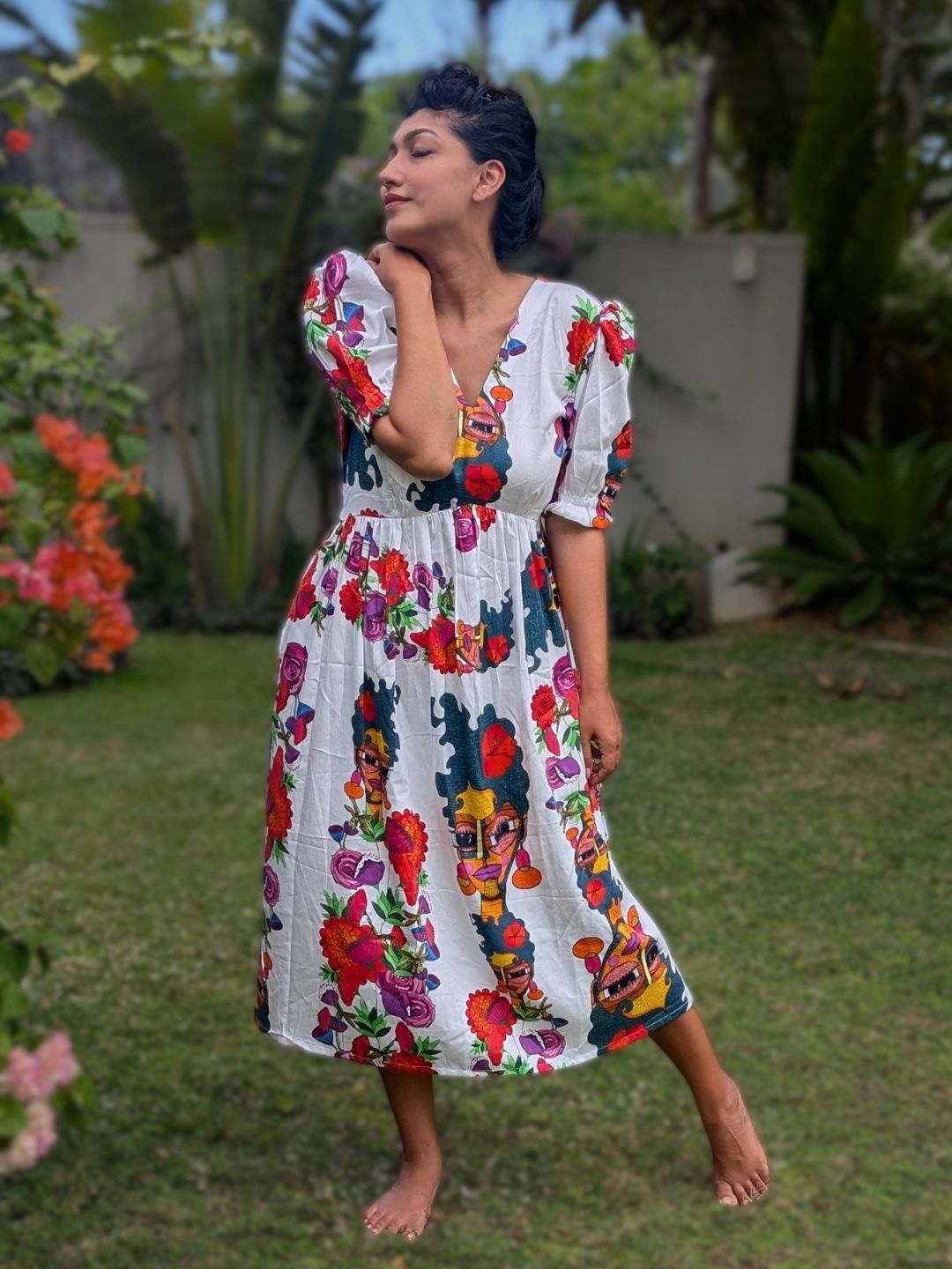 Boho Floral Cotton Midi Dress for Resort Wear and Summer Holidays
