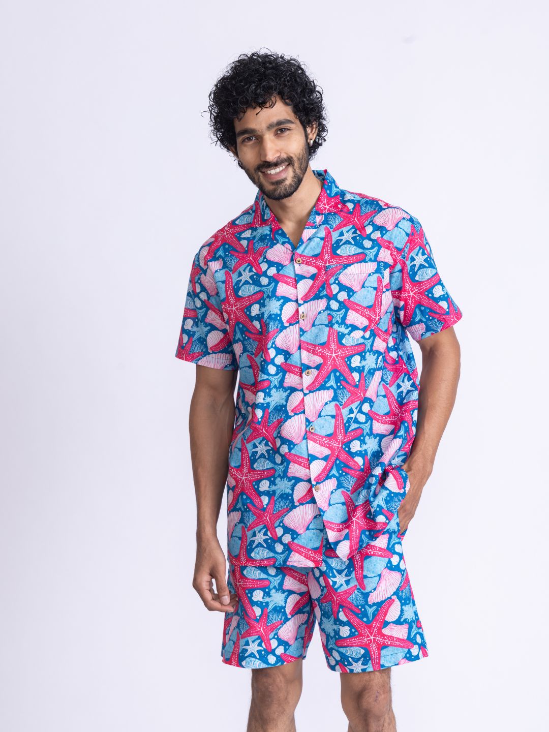 Men’s Cotton Shirt & Shorts Set – Starfish Print | Summer Co-ord by Tura Turi