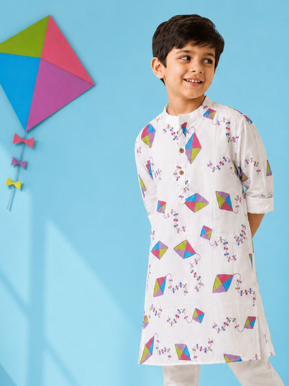 Kites print malmal kurta for boys, front view festive Indian wear