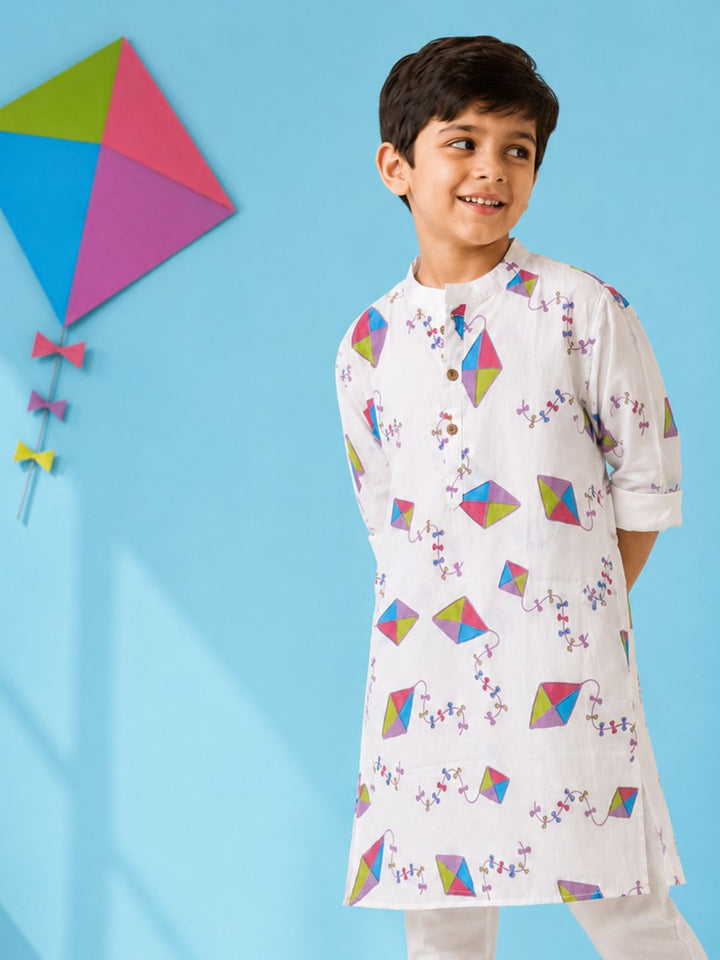 Kites print malmal kurta for boys, front view festive Indian wear