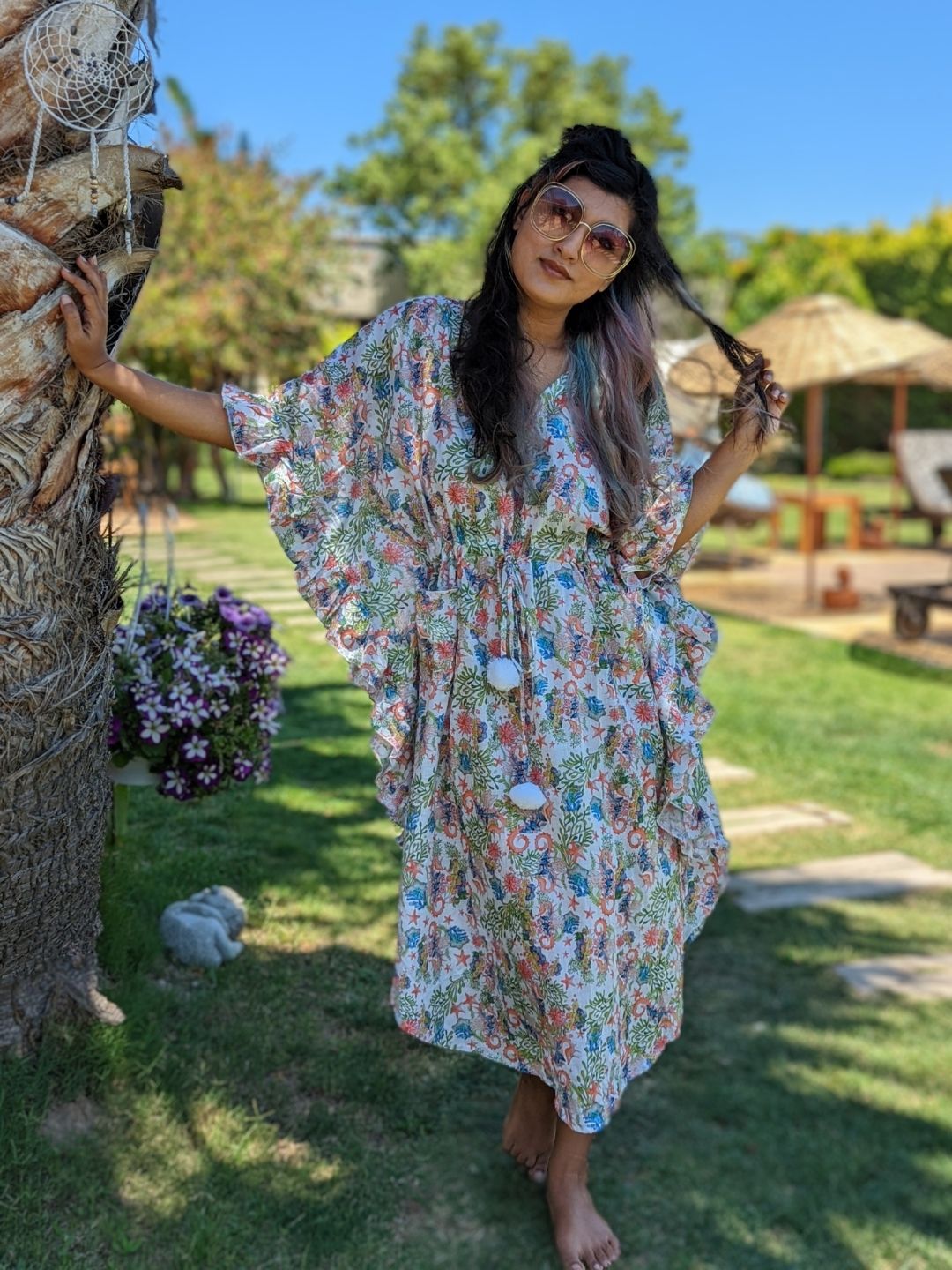 Sea Horse print women’s cotton beach kaftan – breathable summer wear.