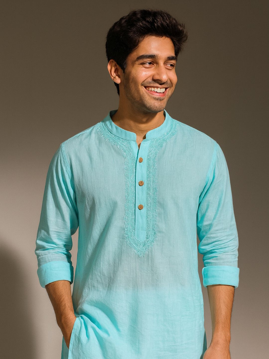 Embroidered Cotton Men's Kurta | Sky Blue