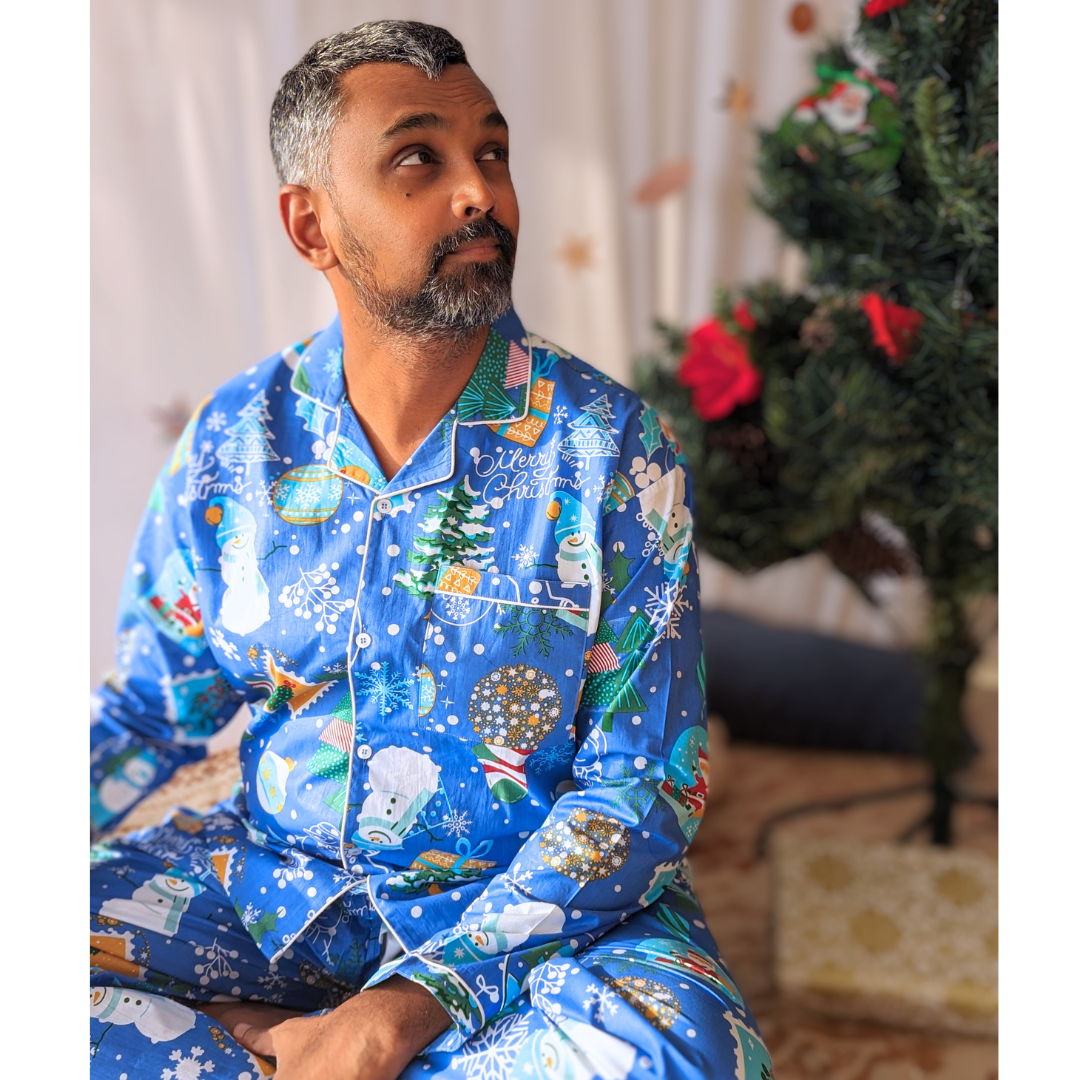 Cotton Night Suit, Men | Jingle Bells - Blue