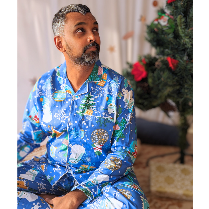 Cotton Night Suit, Men | Jingle Bells - Blue