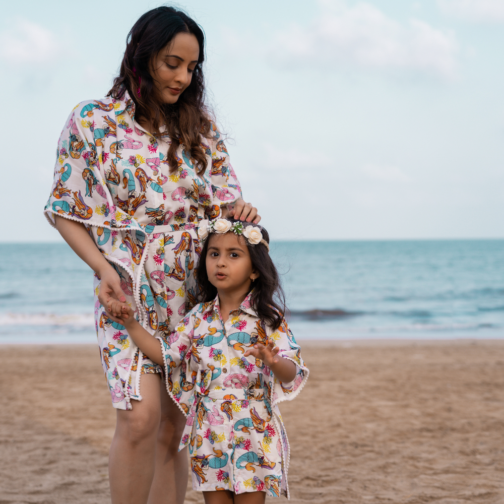 Mermaid White women’s collared kaftan – elegant cotton beachwear