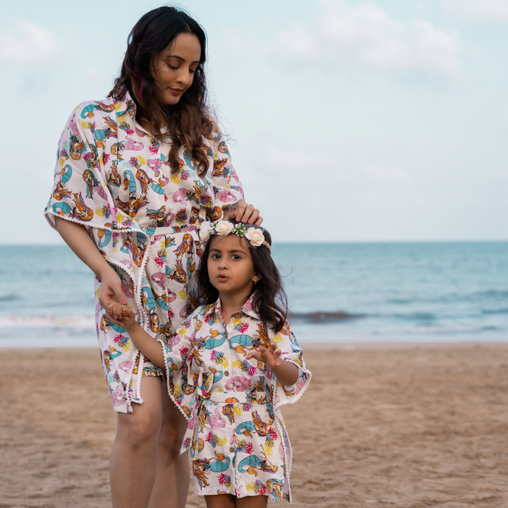 Mermaid White women’s collared kaftan – elegant cotton beachwear