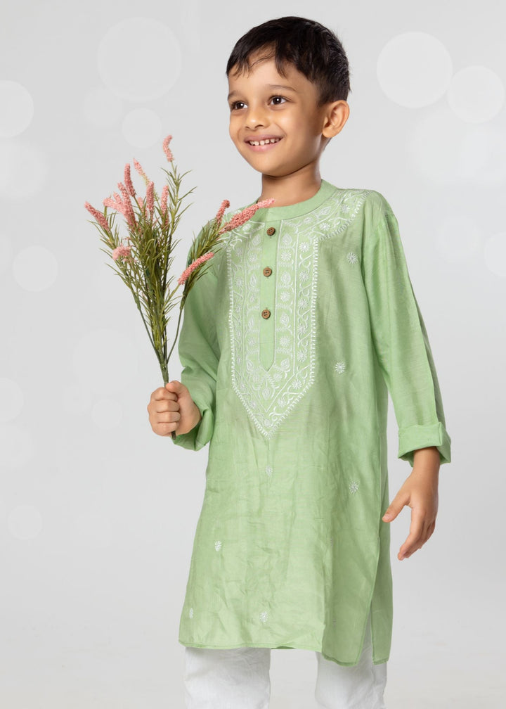 Embroidered Viscose Silk Kurta for Boys, Men | Mint Green
