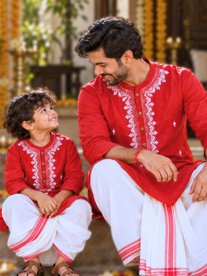 Red cotton malmal kurta with white floral and leaf embroidery for boys &amp; men – Tura Turi, front view