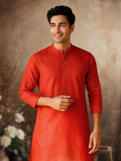 Embroidered Cotton Men's Kurta | Red