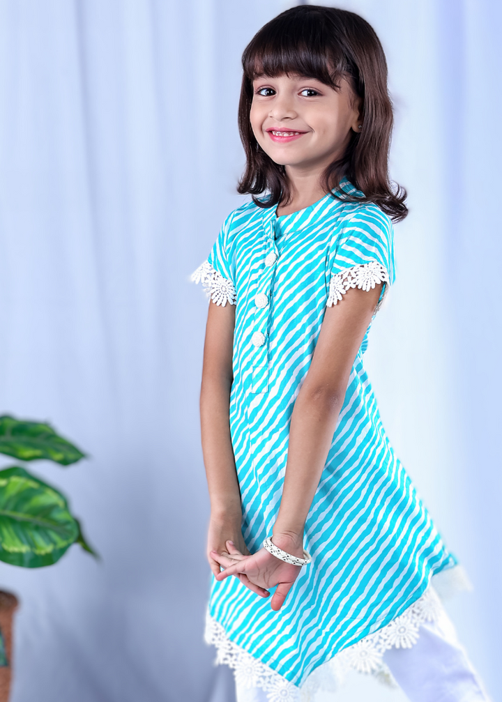 Cotton Malmal Kurta for Girls | Leheriya Blue