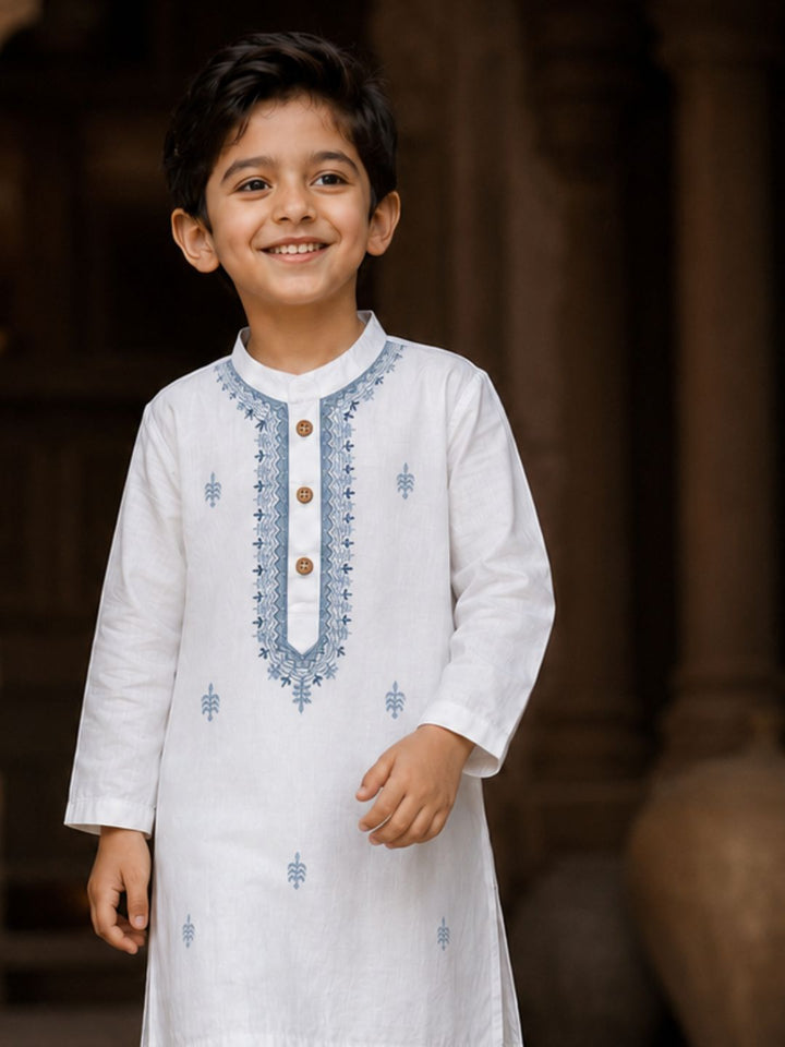 White &amp; Blue Embroidered Malmal Kurta | Newborn to Adult - a soft malmal cotton kurta for newborns, additional view 3 | Tura Turi