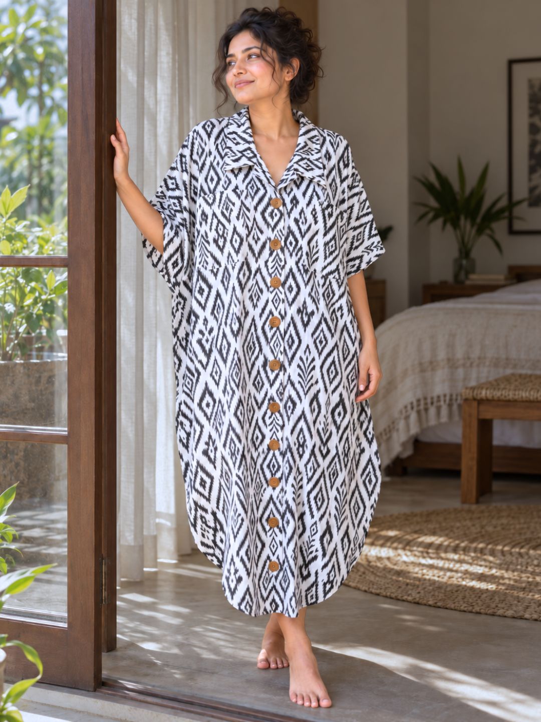 Black and white ikat-print button-down cotton night shirt for women, Ikat Diamond