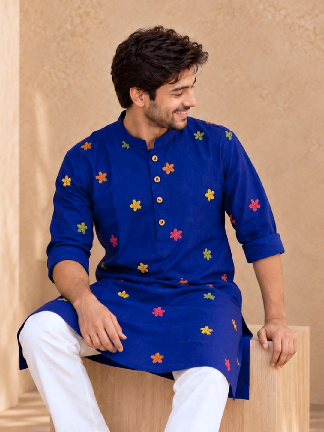 Comfortable men’s cotton kurta with multicolour Kutchi embroidery, wooden buttons and a relaxed knee-length fit.