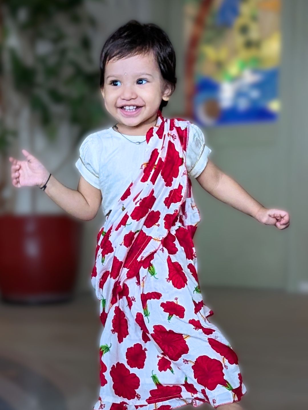 hibiscus print silk saree for little girls