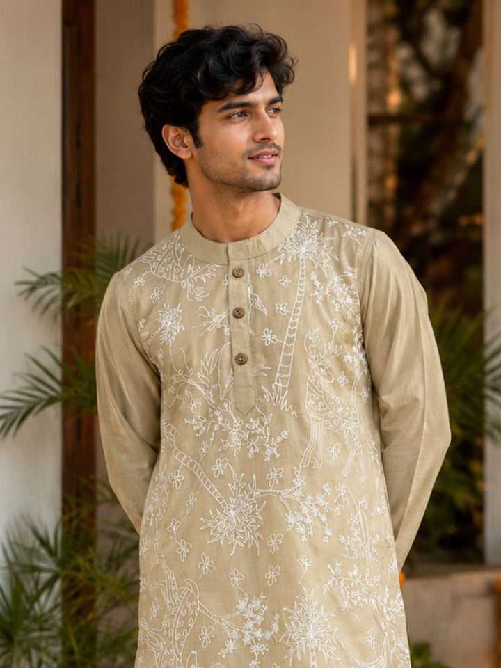 stylish silk festive mens silk embroidered kurta off white kora chandan colour