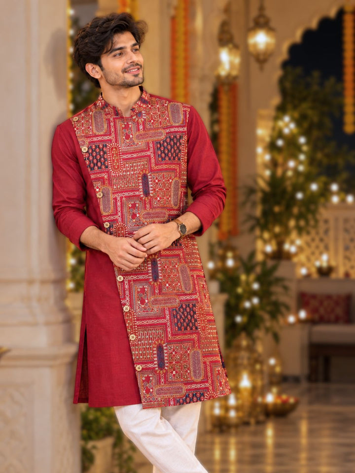Maroon Utsav cupro silk kurta with Mandarin collar, asymmetrical buttoned crossover front and wide multicolour embroidered panel – photo 6 – Tura Turi