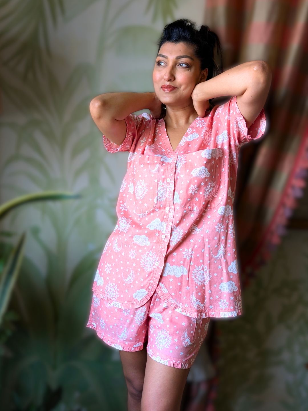 Female model wearing pink cotton shorts set – no bra nightsuit loungewear in pure soft cotton for summer sleep and lounge