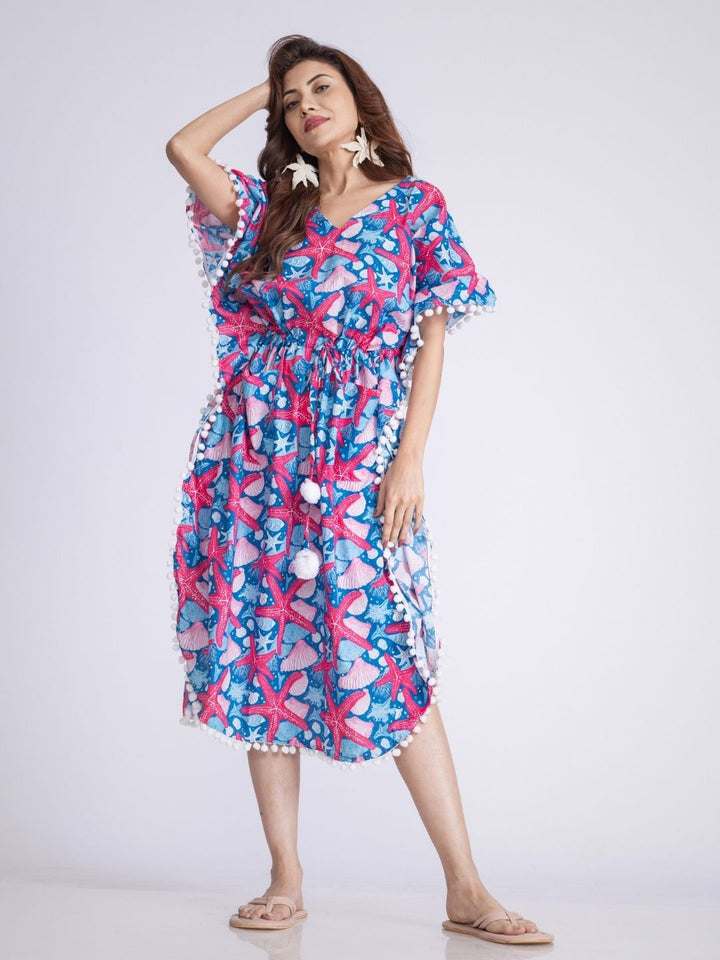 Women’s Cotton Beach Kaftan – Starfish Print | Lightweight Summer Cover-Up by Tura Turi