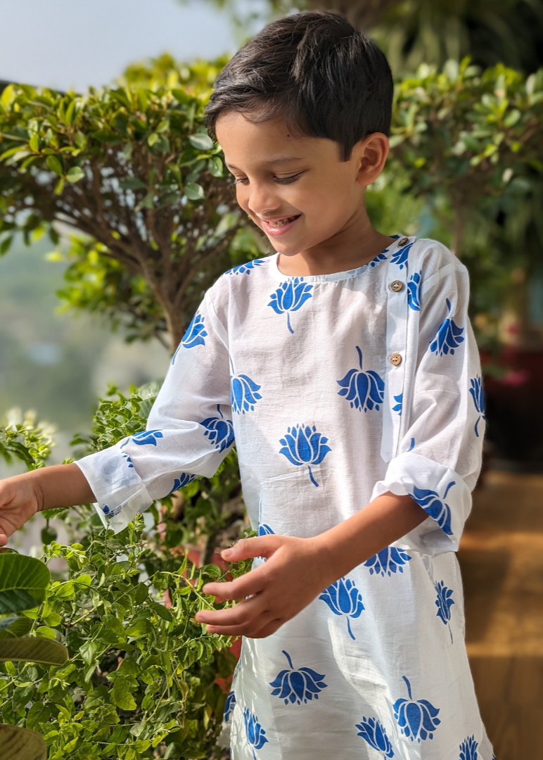 white boys cotton malmal round neck kurta blue lotus print