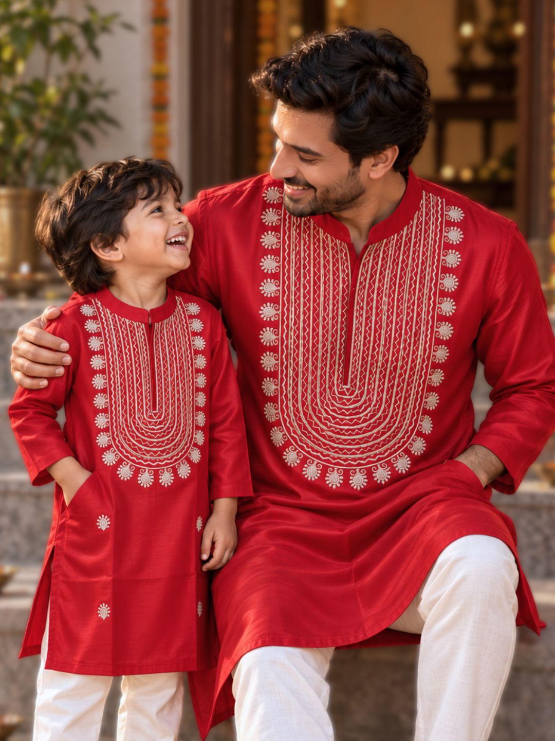 father son twinning in matching red cupro silk Tashan kurtas with beige-gold dramatic resham embroidery