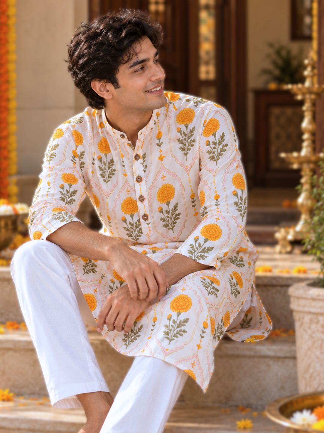 Marigold (gendaphool) print cotton mulmul kurta for men