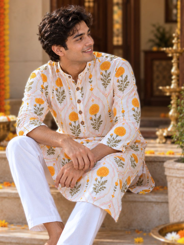 Marigold (gendaphool) print cotton mulmul kurta for men