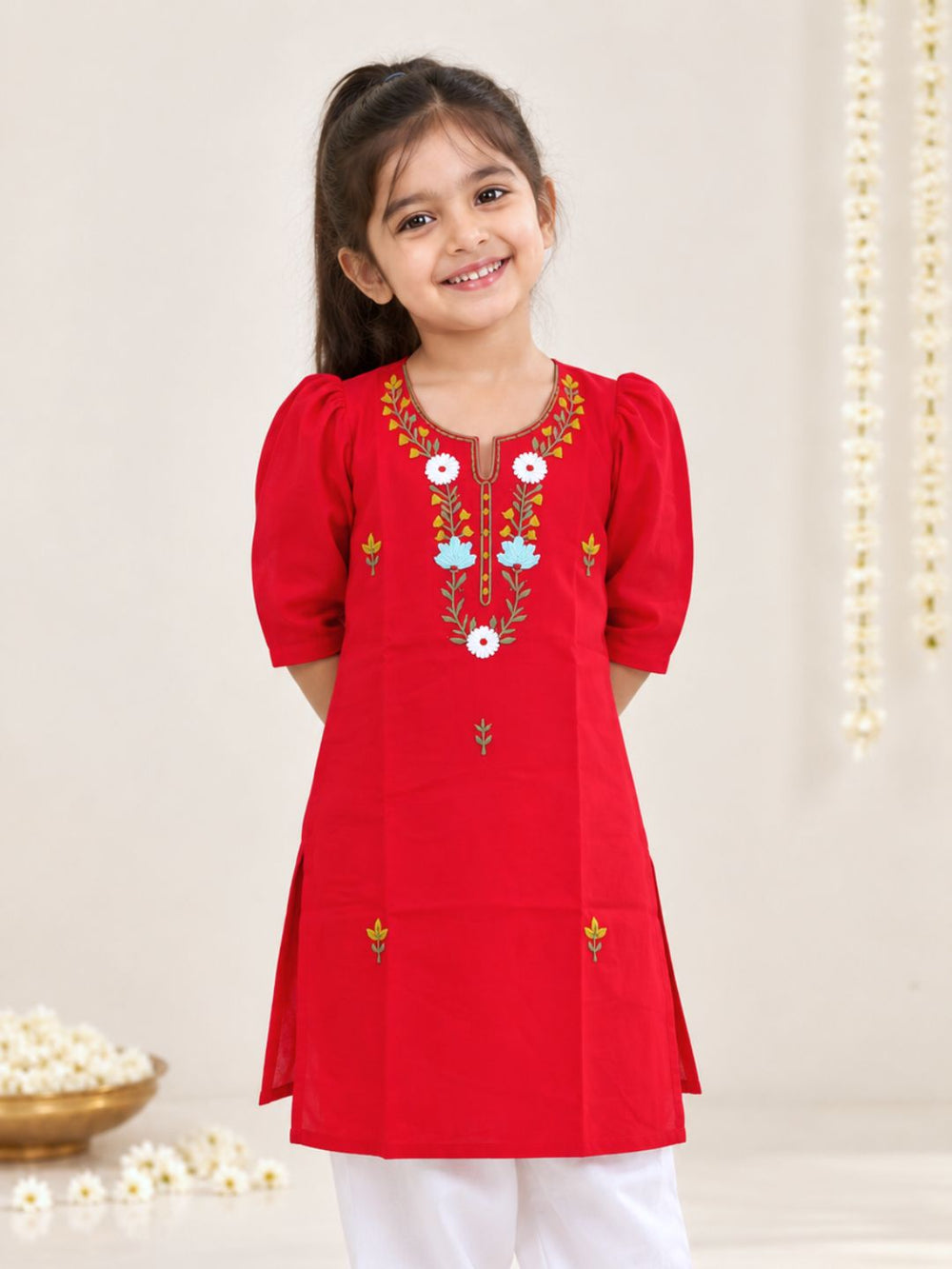 red cotton embroidered mulmul kurta for girls, ethnic wear for dance class, pujas and festivals 