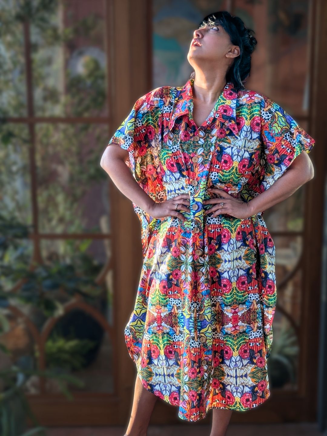 woman wearing cotton boho chick shirt dress in multicolour red print