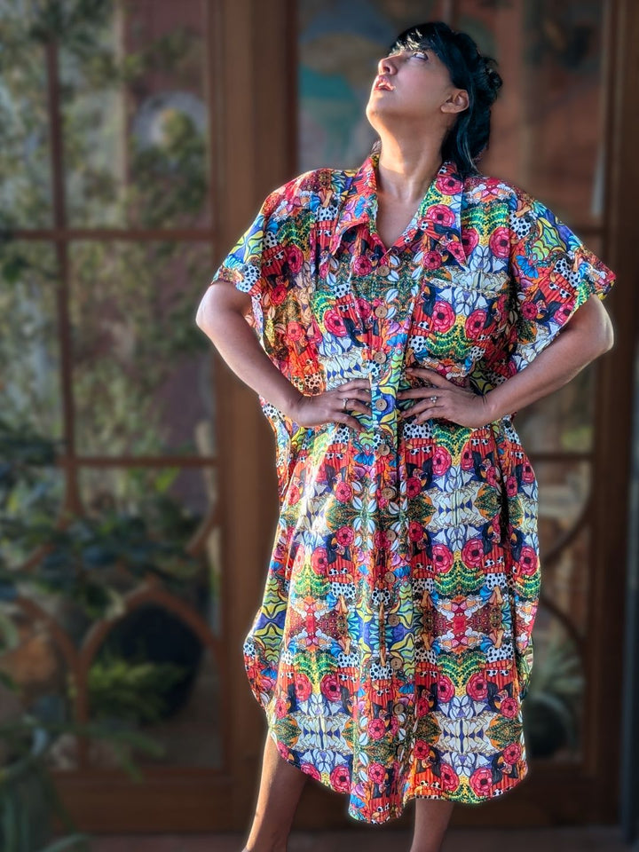 woman wearing cotton boho chick shirt dress in multicolour red print
