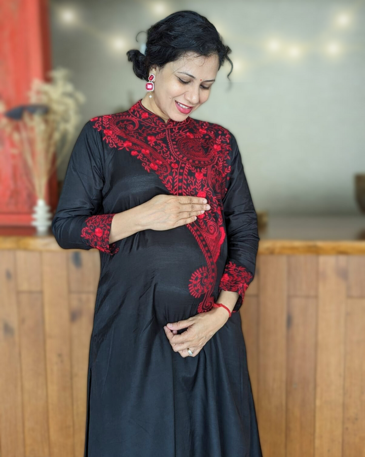 Black &amp; Red Embroidered Viscose Silk Kurta with Churidar, Girls &amp; Women
