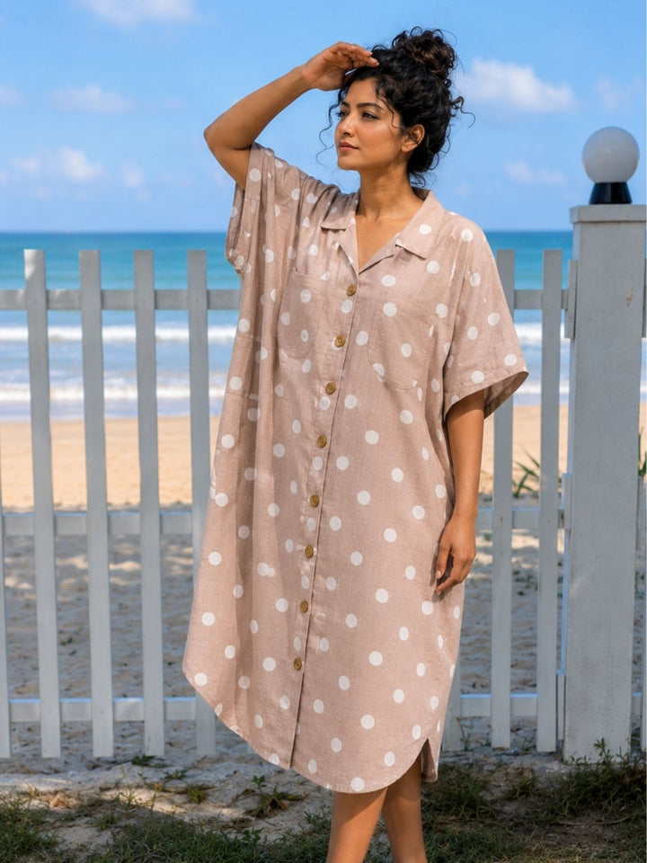Mocha polka dot no bra nightwear for women with oversized chest pockets and wooden buttons