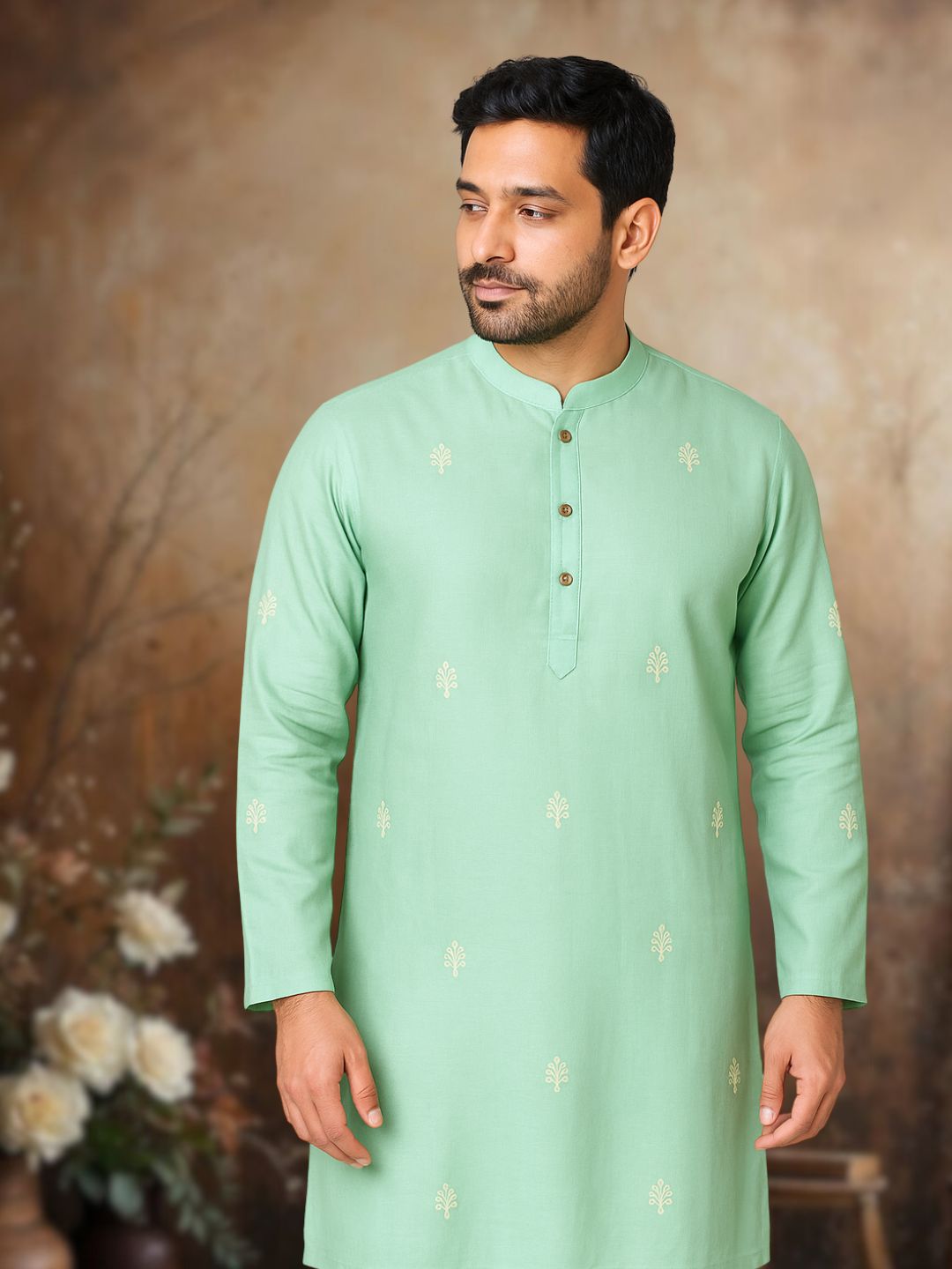 Embroidered Silk Kurta for Boys, Men | Misty Jade Green