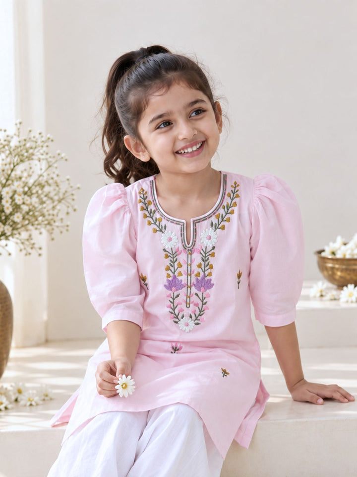 Tura Turi Bella baby pink cotton malmal kurta for girls with front embroidery